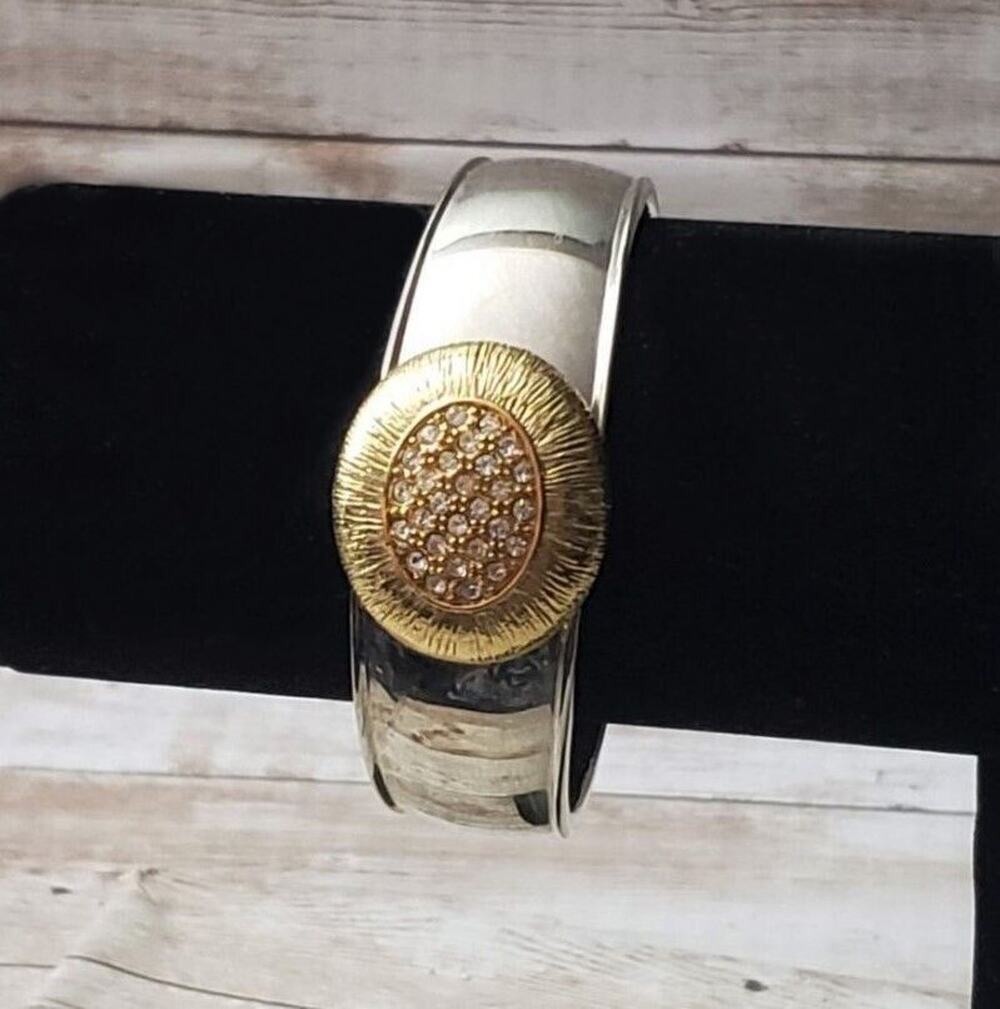Vintage Bracelet / Bangle - Silver Tone with Gold Tone & Clear Gem Oval